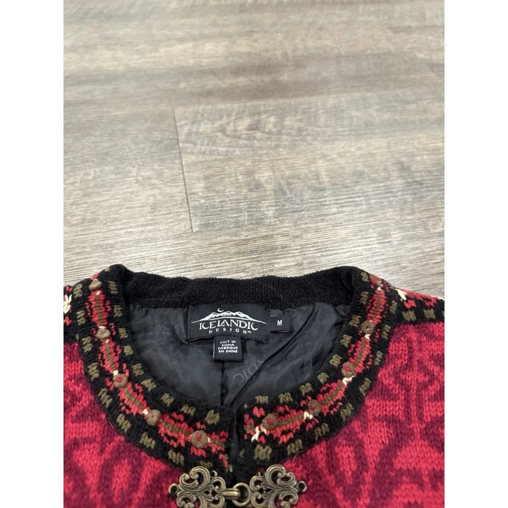 Icelandic Design Knit Cardigan Sweater Wool Red‎ Nordic cheongsam Size M VTG